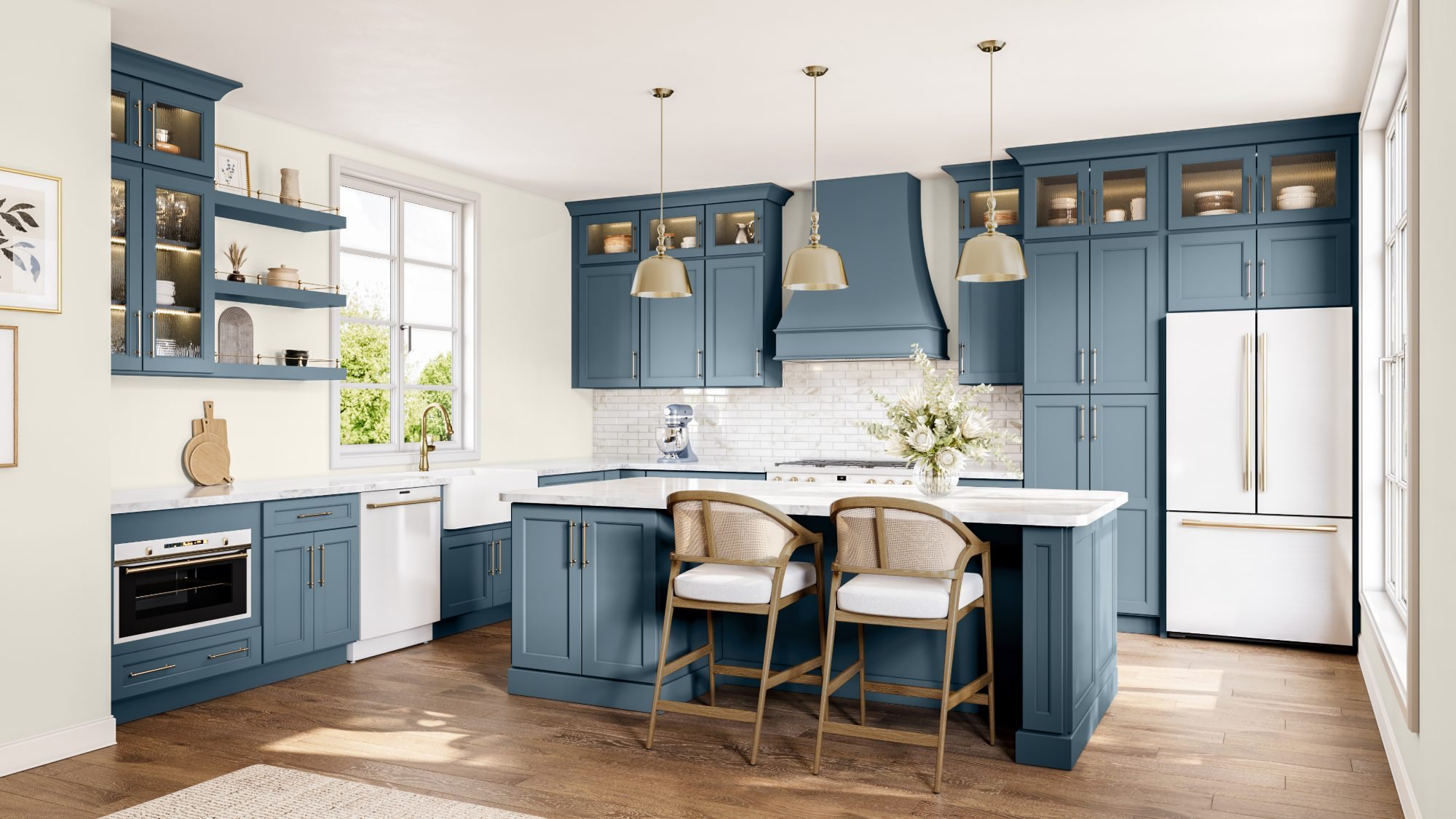 Kitchen with Haven Harbor blue cabinets and a white island